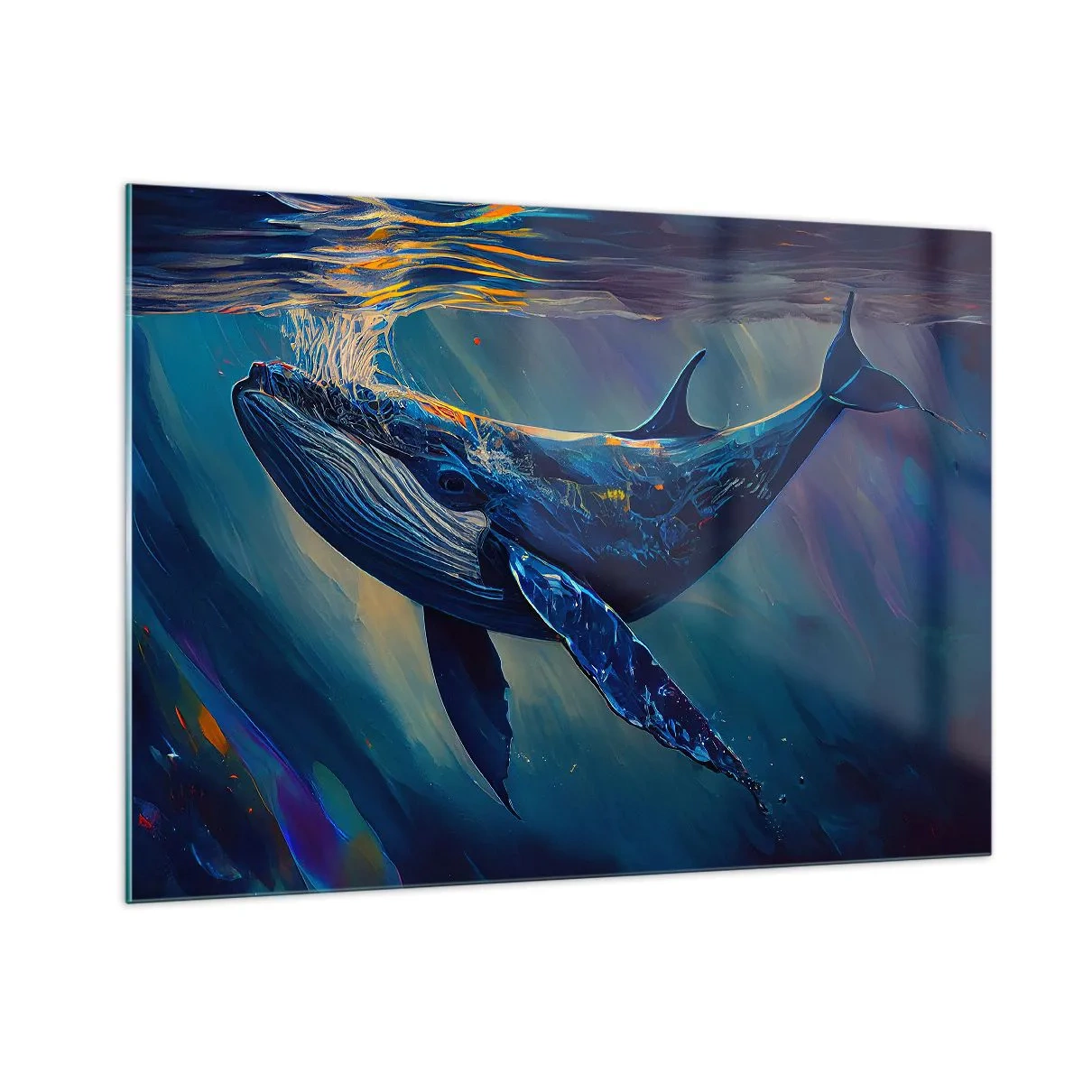 Cuadro sobre vidrio - Impresiones sobre Vidrio - Una ballena flotando bajo el agua a la luz del sol. - 100x70cm - Bienvenidos a mi mundo - Decoración de pared moderna para salón y dormitorio ARTTOR