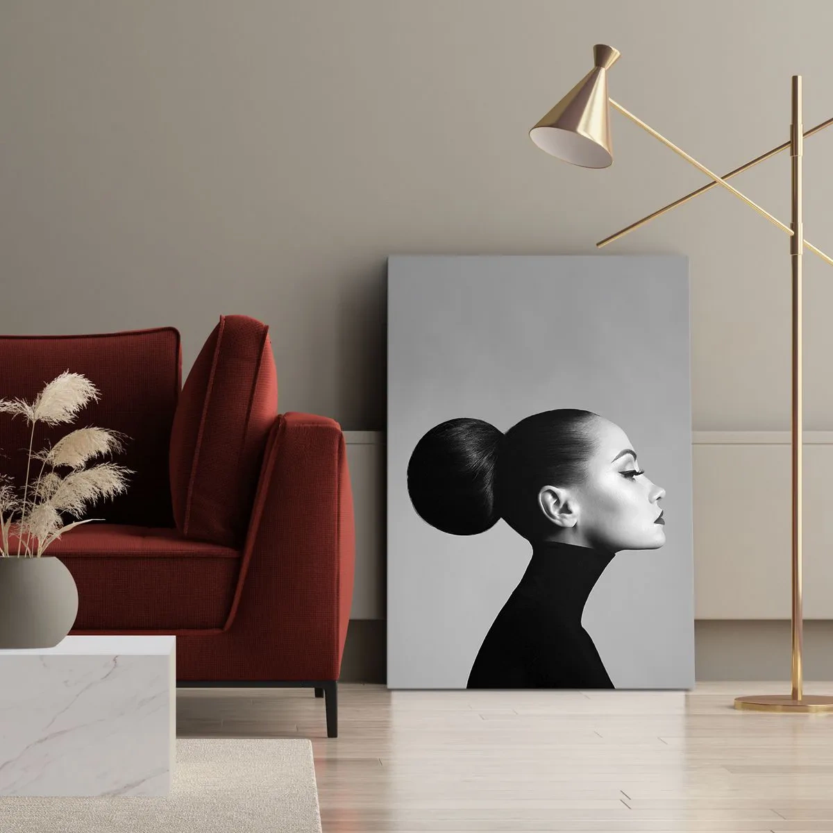Cuadro sobre lienzo - Impresión de Imagen - Perfil de una mujer en blanco y negro con un elegante moño. - 50x70cm - Nefertiti contemporánea - Decoración de pared moderna para salón y dormitorio ARTTOR