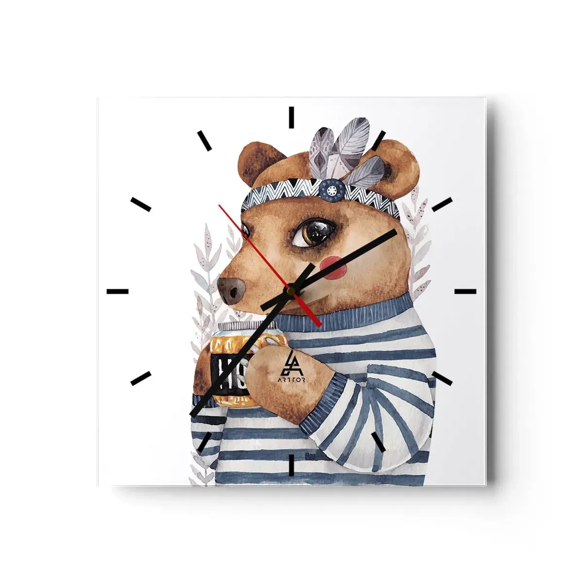 Reloj de pared - Reloj de vidrio - Un osito de peluche con un suéter de rayas y una taza de miel. - 30x30cm - Dulce oso - Decoración de pared moderna para salón y dormitorio ARTTOR