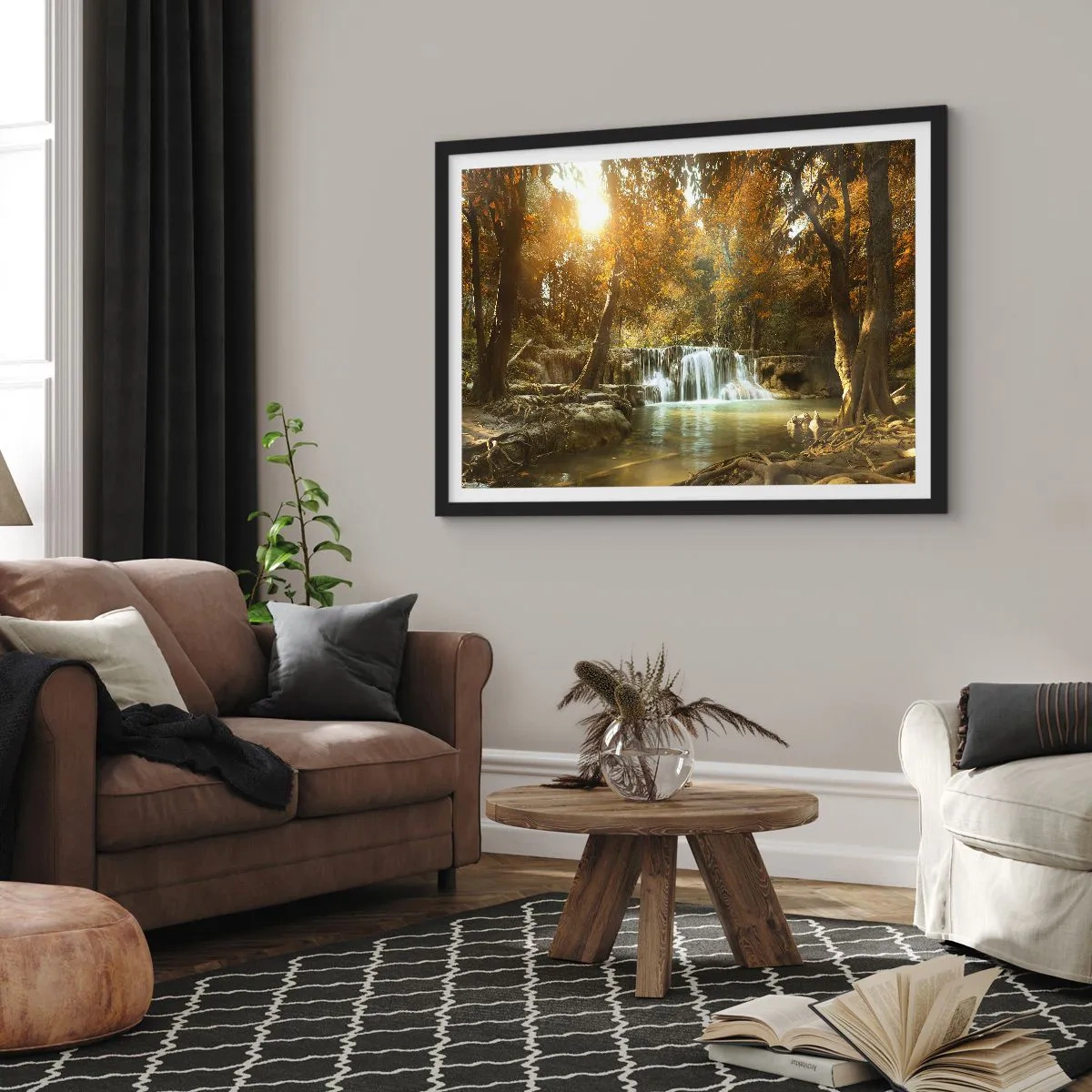 Póster en marco negro - Una cascada en el parque - 50x40 cm