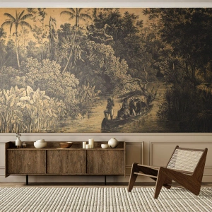 Fotomural Premium Canvas - Dibujo de una jungla con un barco en un río. - 100x70cm - Expedición a la fuente - Decoración de pared moderna para salón y dormitorio ARTTOR