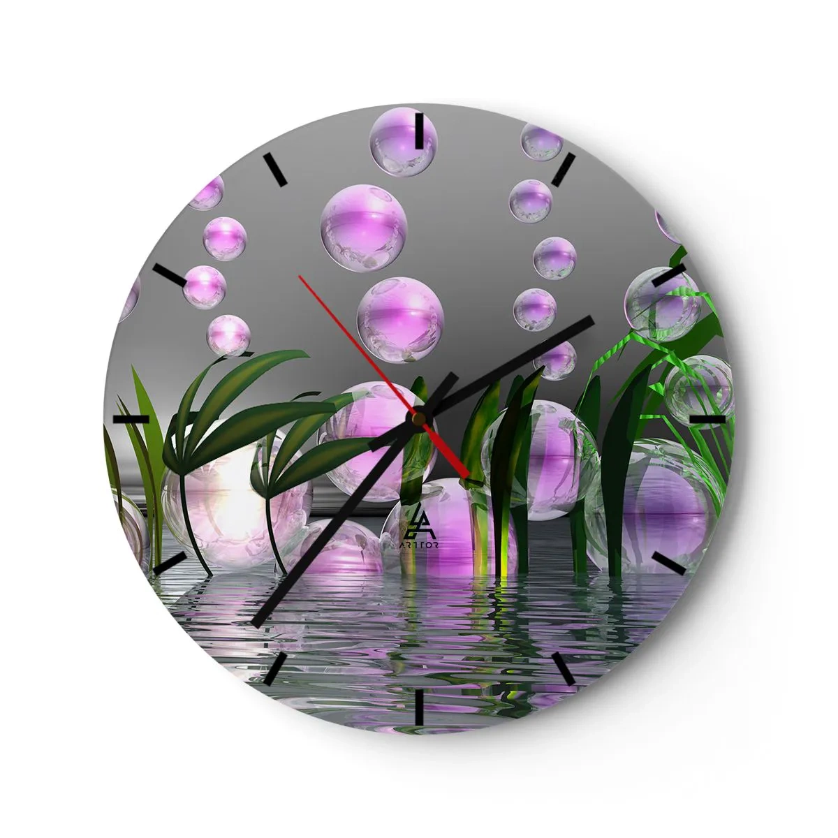Reloj de pared - Reloj de vidrio - Burbujas abstractas en el agua con plantas verdes - 30x30cm - Composición reflexiva de ligereza y vida - Decoración de pared moderna para salón, cocina y dormitorio ARTTOR