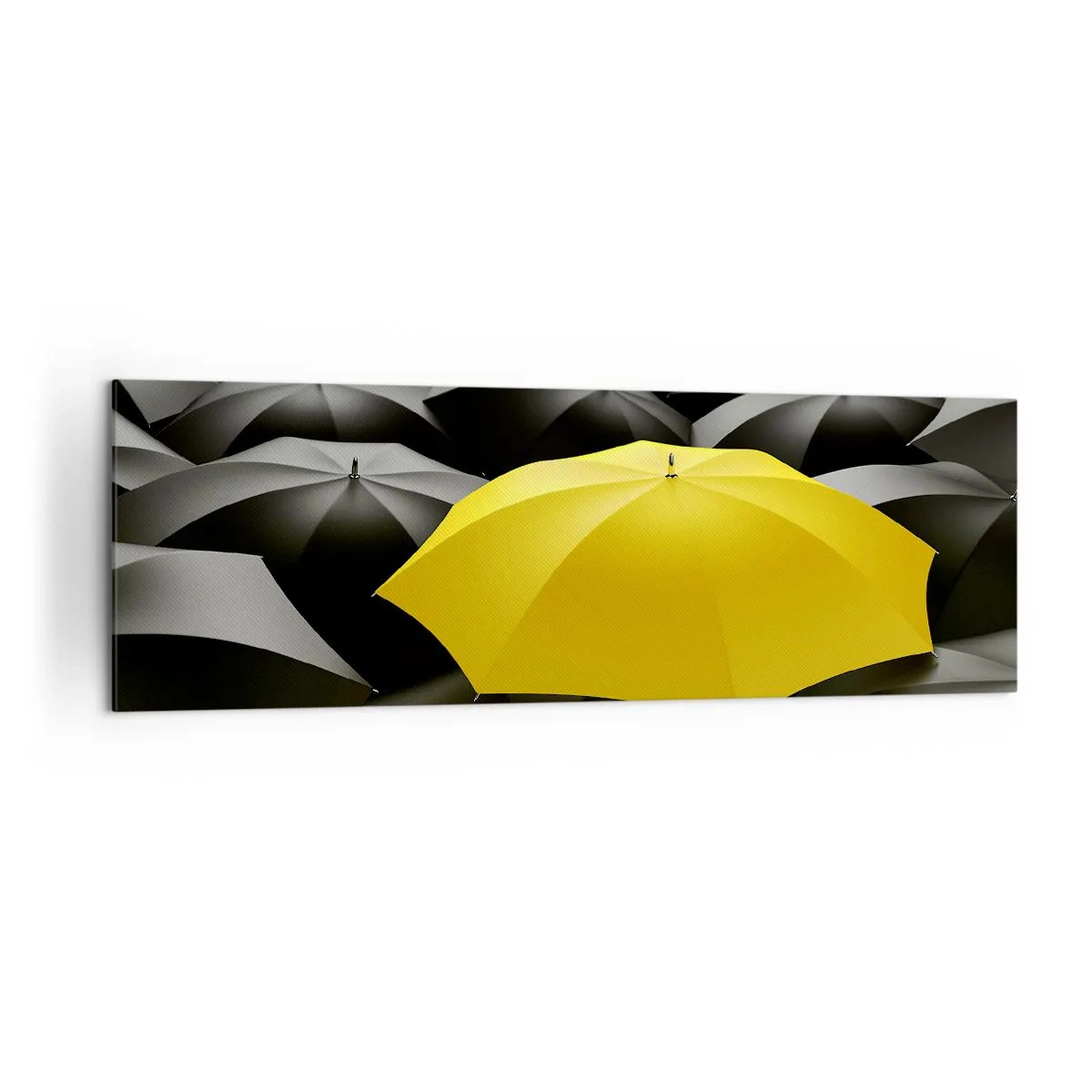 Cuadro sobre lienzo - Impresión de Imagen - Un paraguas amarillo entre paraguas negros. - 160x50cm - Adiós a la tristeza - Decoración de pared moderna para salón y dormitorio ARTTOR