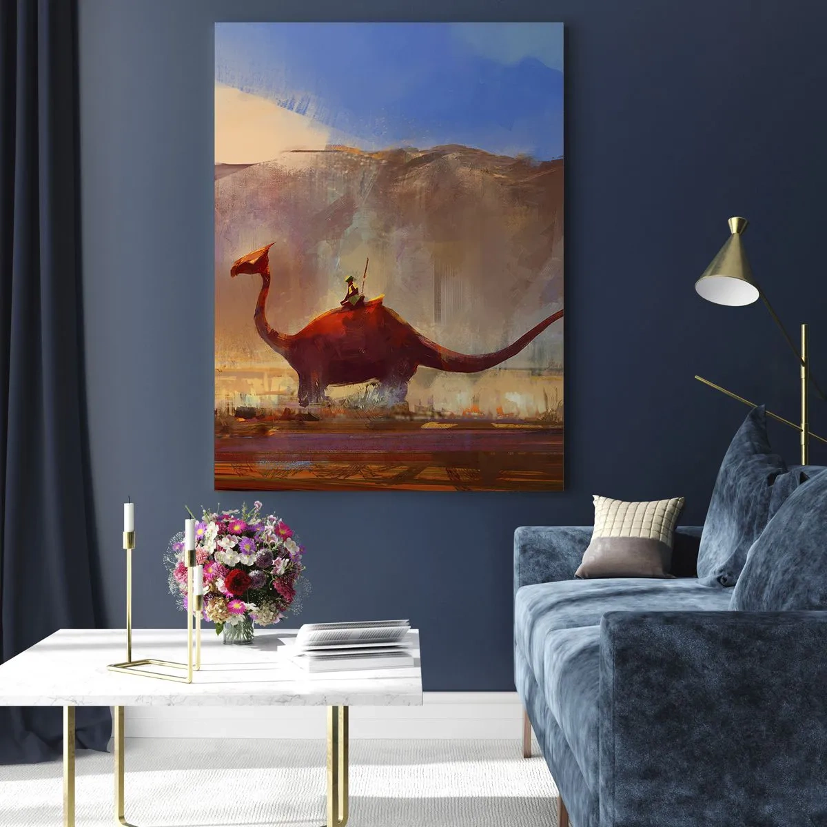 Cuadro sobre vidrio - Impresiones sobre Vidrio - Una escena de fantasía con un jinete sobre una criatura prehistórica. - 70x100cm - Si no se hubieran extinguido - Decoración de pared moderna para salón y dormitorio ARTTOR