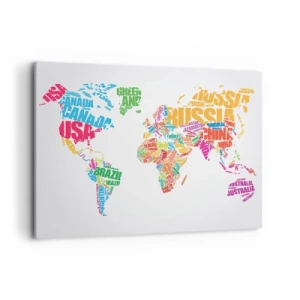 Cuadro sobre lienzo - Impresión de Imagen - Mapa del mundo colorido con nombres de países - 100x70cm - Quiero conocerlos a todos - Decoración de pared moderna para salón y dormitorio ARTTOR