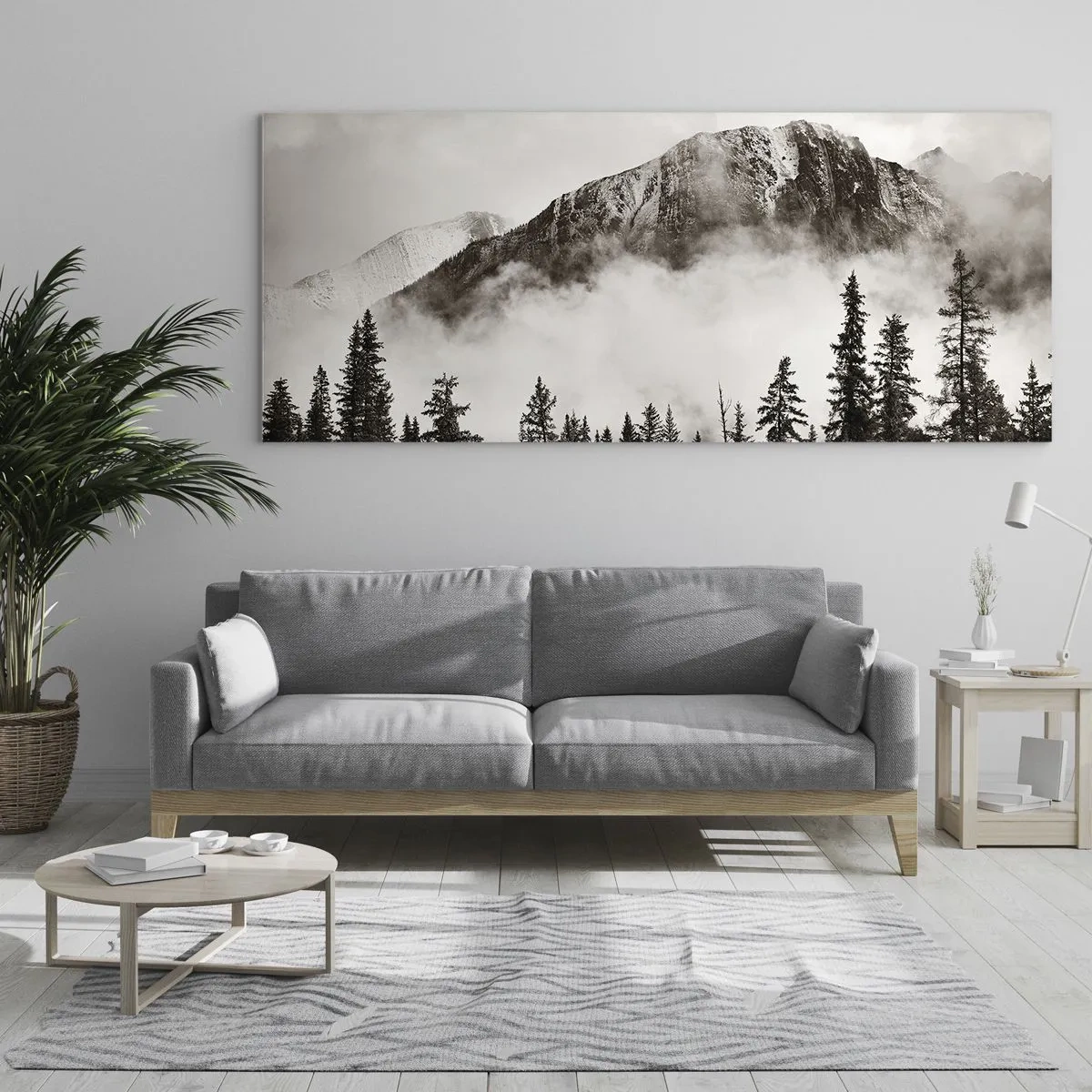 Cuadro sobre vidrio - Impresiones sobre Vidrio - Un pintoresco pico de montaña rodeado de niebla y un bosque en tonos sepia. - 160x50cm - Gobernante de granito - Decoración de pared moderna para salón y dormitorio ARTTOR