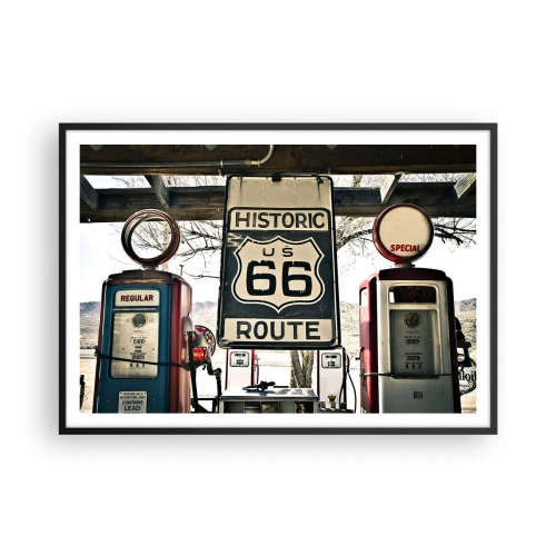 Póster en marco negro - Gasolinera histórica de la Ruta 66 - 100x70cm - Un viaje retro americano - Decoración de pared moderna para salón y dormitorio ARTTOR