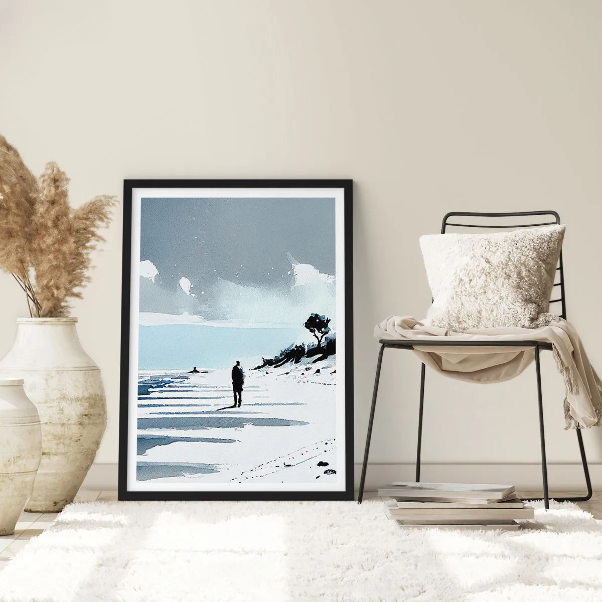 Póster en marco negro - Una figura solitaria en la playa en tonos de acuarela. - 50x70cm - Solo conmigo mismo - Decoración de pared moderna para salón y dormitorio ARTTOR