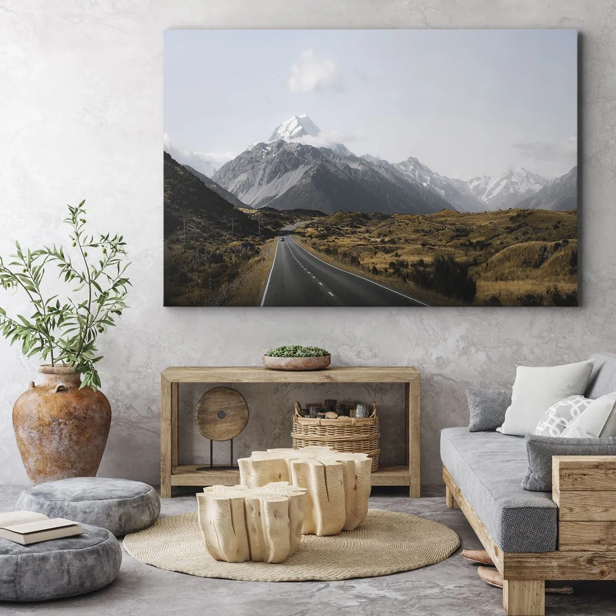 Cuadro sobre lienzo - Impresión de Imagen - Un camino en las montañas rodeado de un paisaje pintoresco. - 70x50cm - El camino al corazón de las montañas - Decoración de pared moderna para salón y dormitorio ARTTOR