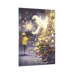 Cuadro sobre vidrio - Impresiones sobre Vidrio - Un niño con una camiseta clara en un puesto luminoso lleno de dulces coloridos. - 50x70cm - Los hechizos existen - Decoración de pared moderna para salón y dormitorio ARTTOR