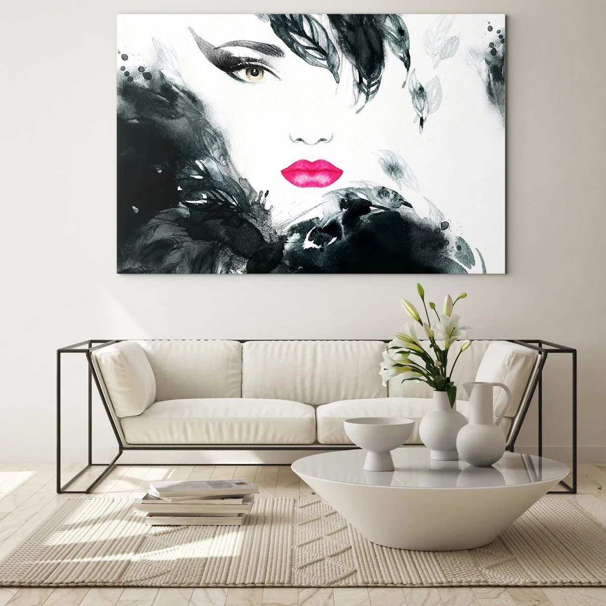 Cuadro sobre vidrio - Impresiones sobre Vidrio - Retrato de una mujer con labios rosados y acentos negros. - 100x70cm - ¡Cuidado! Femme fatale - Decoración de pared moderna para salón y dormitorio ARTTOR