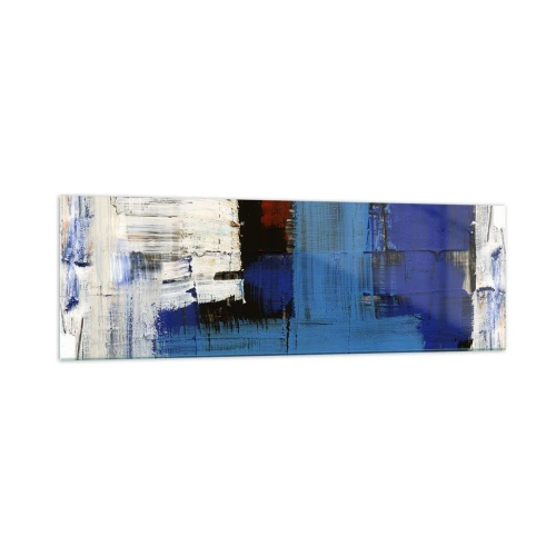Cuadro sobre vidrio - Impresiones sobre Vidrio - Composición abstracta en tonos azules y blancos. - 160x50cm - El secreto del azul - Decoración de pared moderna para salón y dormitorio ARTTOR