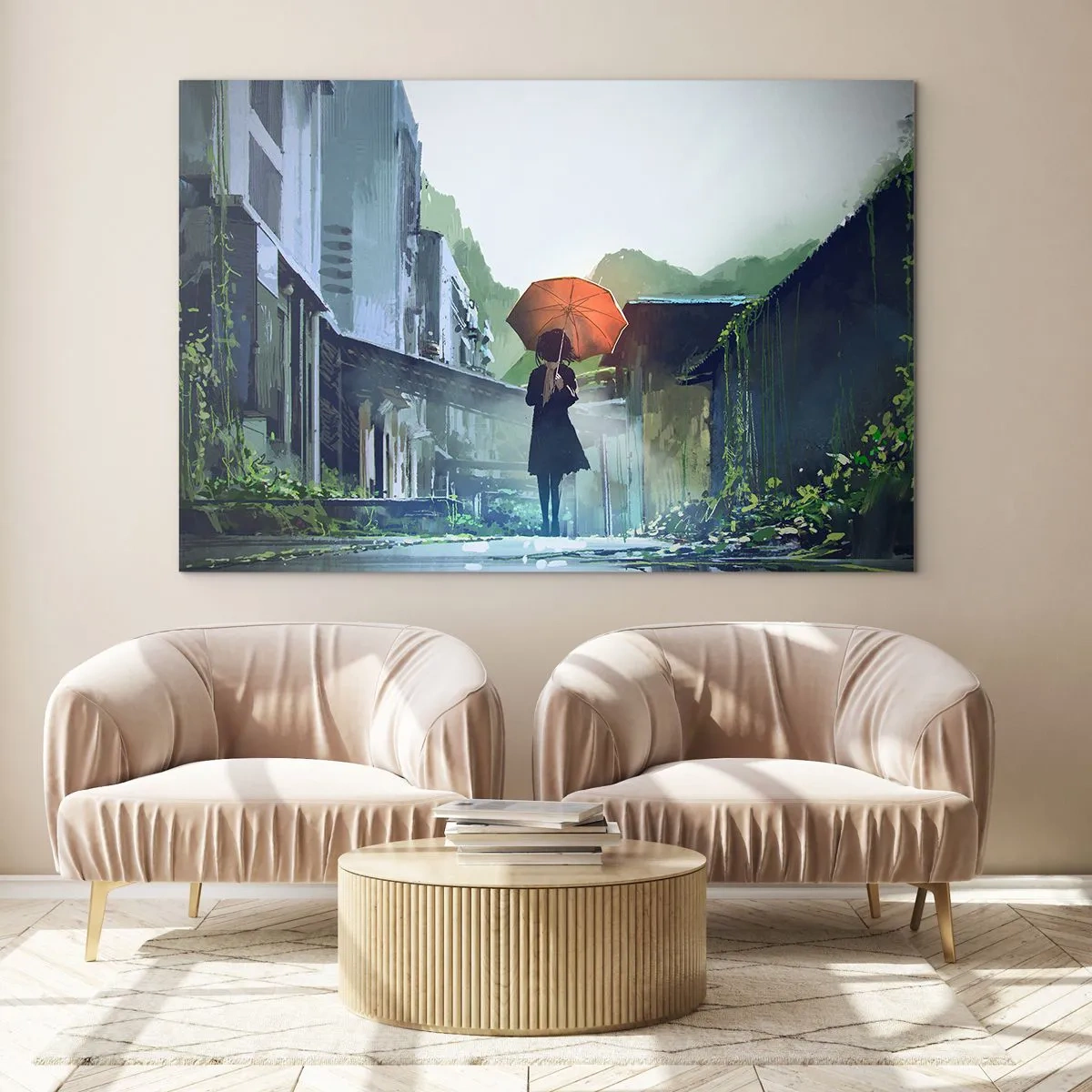 Cuadro sobre vidrio - Impresiones sobre Vidrio - Una figura con un paraguas naranja en una calle lluviosa. - 100x70cm - Una lluvia revitalizante - Decoración de pared moderna para salón y dormitorio ARTTOR