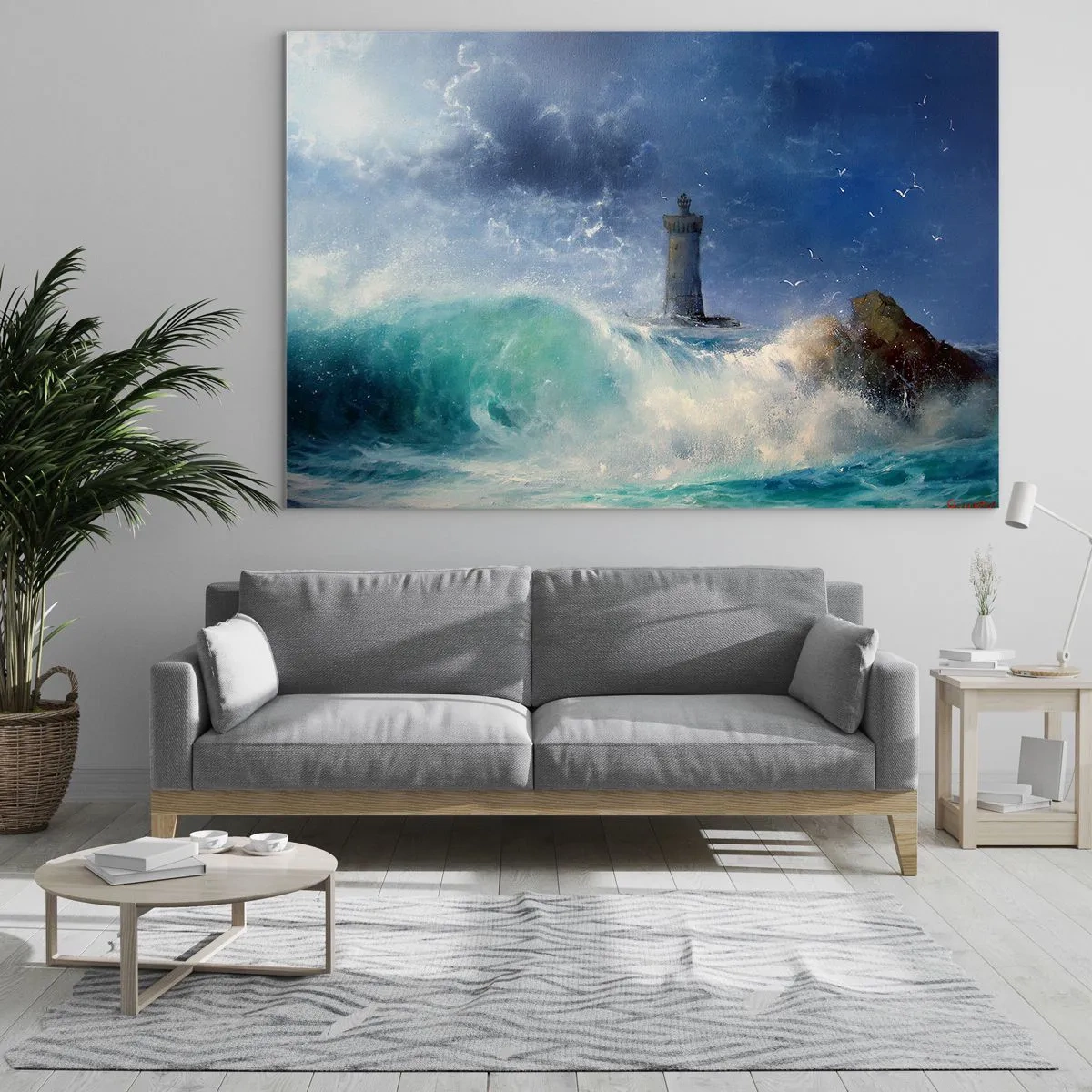 Cuadro sobre vidrio - Impresiones sobre Vidrio - Un faro entre las agitadas olas del océano - 120x80cm - En guardia contra los elementos - Decoración de pared moderna para salón y dormitorio ARTTOR
