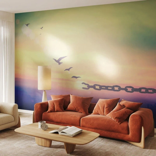 Fotomural Premium Sand - Una cadena rompiéndose en los rayos del atardecer. - 100x70cm - Victoria de la libertad - Decoración de pared moderna para salón y dormitorio ARTTOR