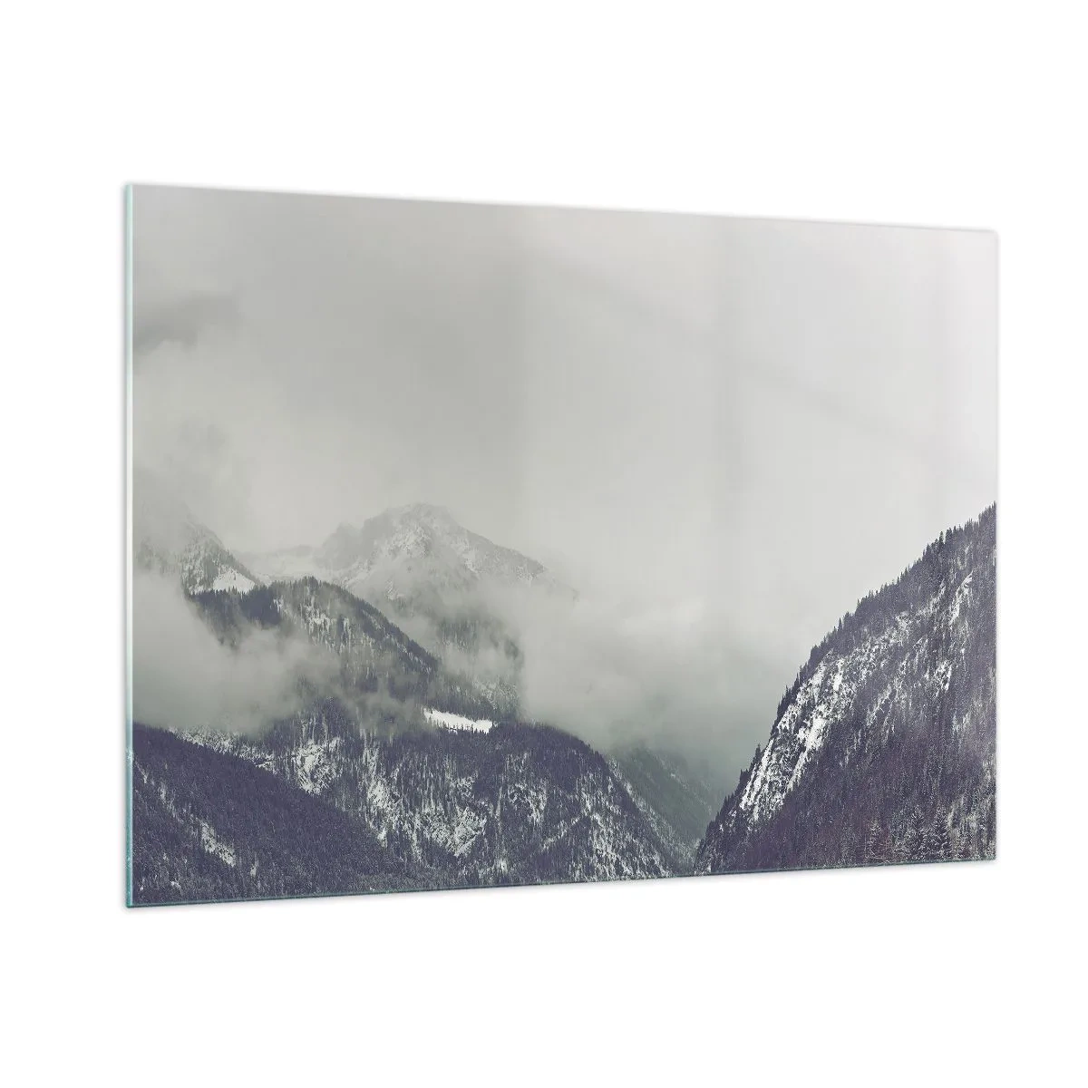 Cuadro sobre vidrio - Impresiones sobre Vidrio - Un valle de montaña en la niebla en tonos grises. - 100x70cm - Valle de la niebla - Decoración de pared moderna para salón y dormitorio ARTTOR