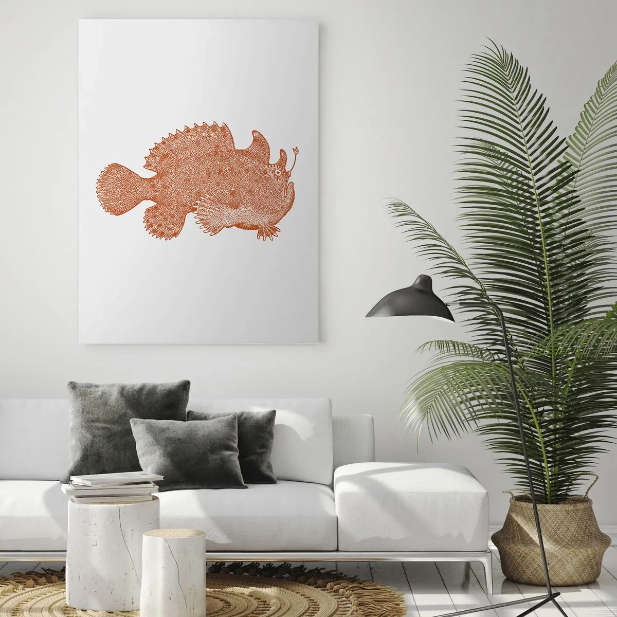 Cuadro sobre vidrio - Impresiones sobre Vidrio - Un dibujo oxidado de un pez de aguas profundas realizado con la técnica de puntos. - 50x70cm - Y sin embargo, un simple pez - Decoración de pared moderna para salón y dormitorio ARTTOR