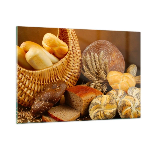 Cuadro sobre vidrio - Impresiones sobre Vidrio - Una cesta de pan y panes sobre un fondo de espigas de trigo. - 120x80cm - Nos han vuelto a hornear - Decoración de pared moderna para salón y dormitorio ARTTOR
