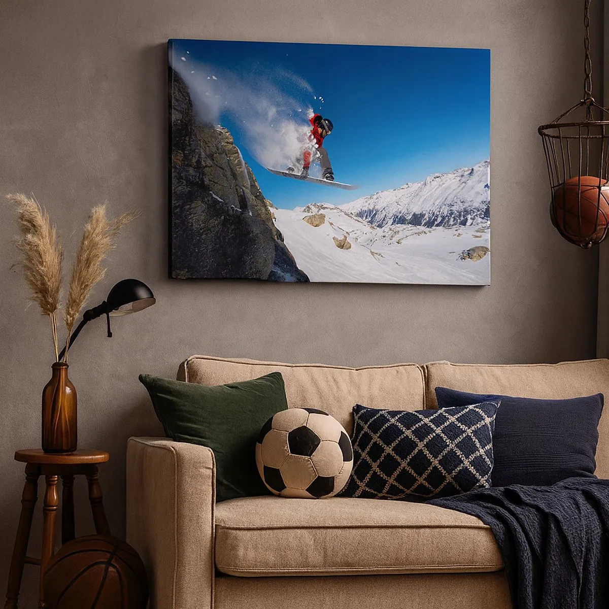 Cuadro sobre lienzo - Impresión de Imagen - Un snowboarder salta desde una roca frente a un paisaje montañoso. - 70x50cm - Y te convertiste en parte del lugar - Decoración de pared moderna para salón y dormitorio ARTTOR