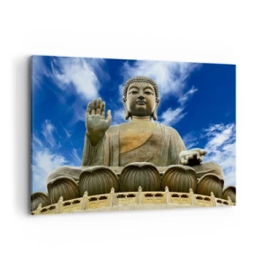 Cuadro sobre lienzo - Impresión de Imagen - Una estatua monumental de Buda contra un cielo azul con nubes. - 100x70cm - Vivir sin miedo - Decoración de pared moderna para salón y dormitorio ARTTOR