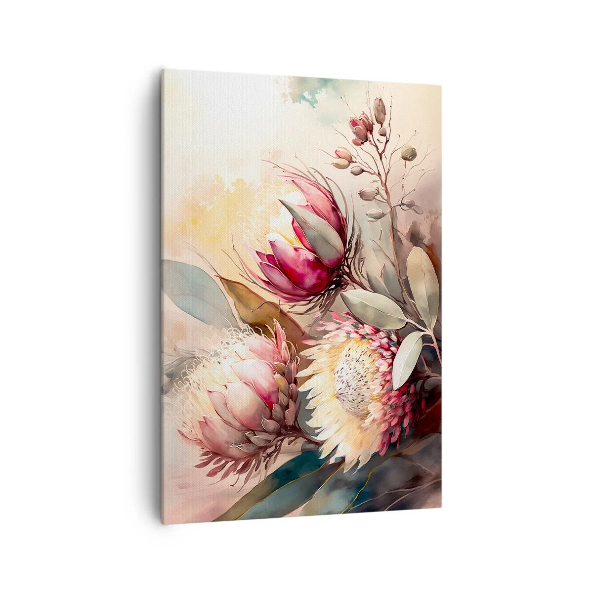 Cuadro sobre lienzo - Impresión de Imagen - Flores de protea en delicados tonos pastel. - 70x100cm - De perfil y de frente - Decoración de pared moderna para salón y dormitorio ARTTOR