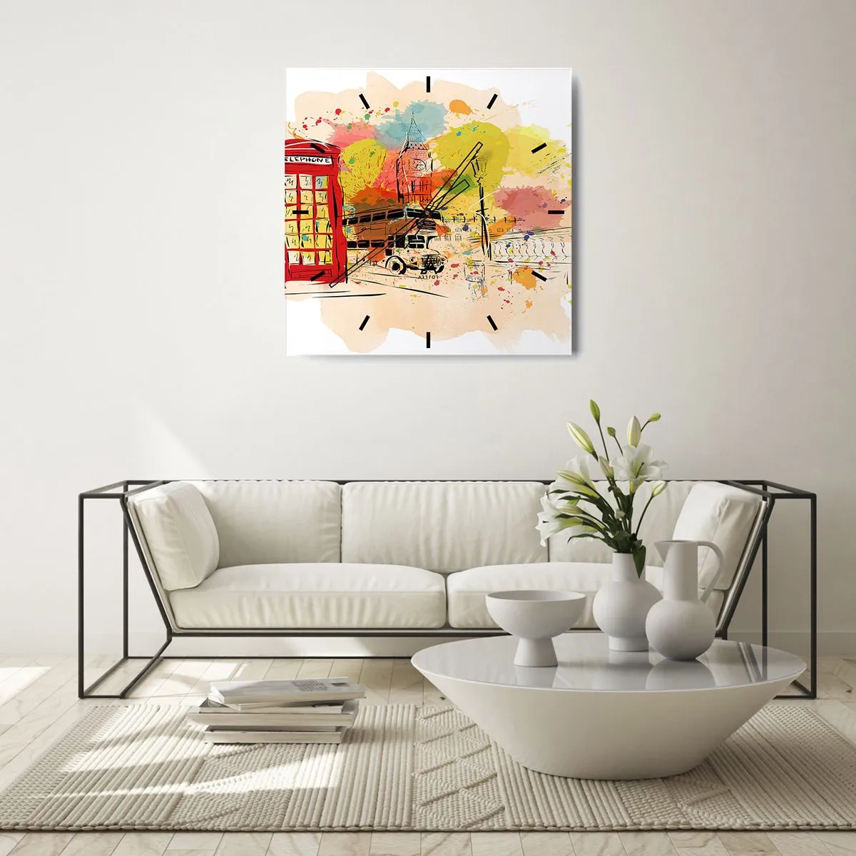 Reloj de pared - Reloj de vidrio - Temática londinense con autobús rojo y cabina. - 30x30cm - Una ciudad de la diversidad - Decoración de pared moderna para salón y dormitorio ARTTOR