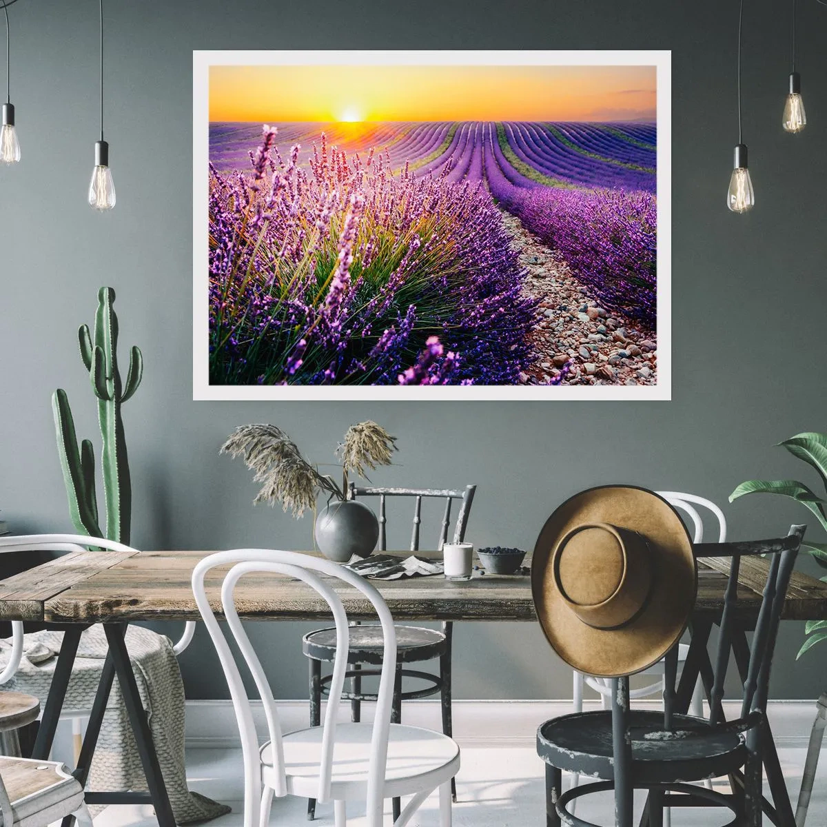 Póster - Campo de lavanda al atardecer - 100x70cm - Pradera fragante - Decoración de pared moderna para salón y dormitorio ARTTOR