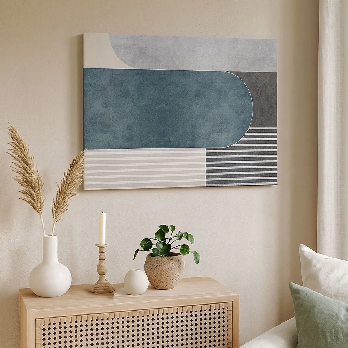 Cuadro sobre lienzo - Impresión de Imagen - Abstracción geométrica en tonos grises y verdes. - 70x50cm - Composición horizontal - Decoración de pared moderna para salón y dormitorio ARTTOR