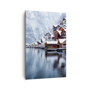 Cuadro sobre lienzo - Impresión de Imagen - Vista invernal de un pueblo de montaña junto al lago. - 80x120cm - En un decorado de invierno - Decoración de pared moderna para salón y dormitorio ARTTOR