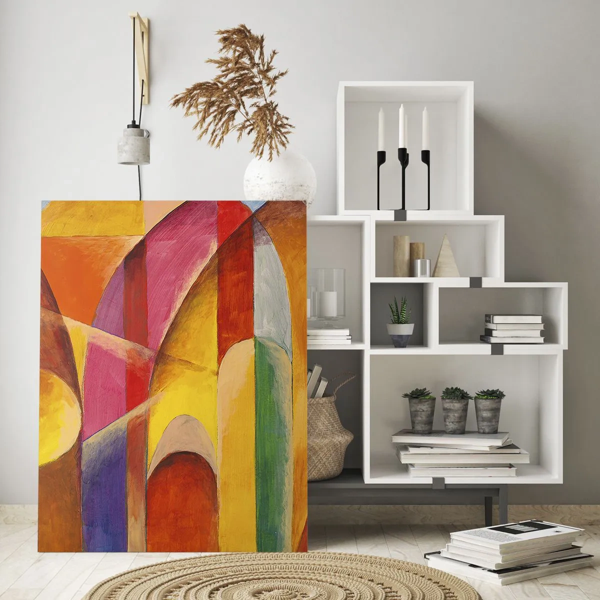 Cuadro sobre vidrio - Impresiones sobre Vidrio - Abstracción colorida con formas geométricas. - 50x70cm - Catedral del sol - Decoración de pared moderna para salón y dormitorio ARTTOR