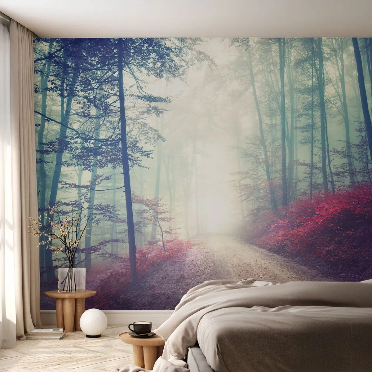 Fotomural personalizado Autoadhesivo Deluxe Sticker - Qué bueno es levantarse al amanecer - Paisaje, Bosque, Camino forestal