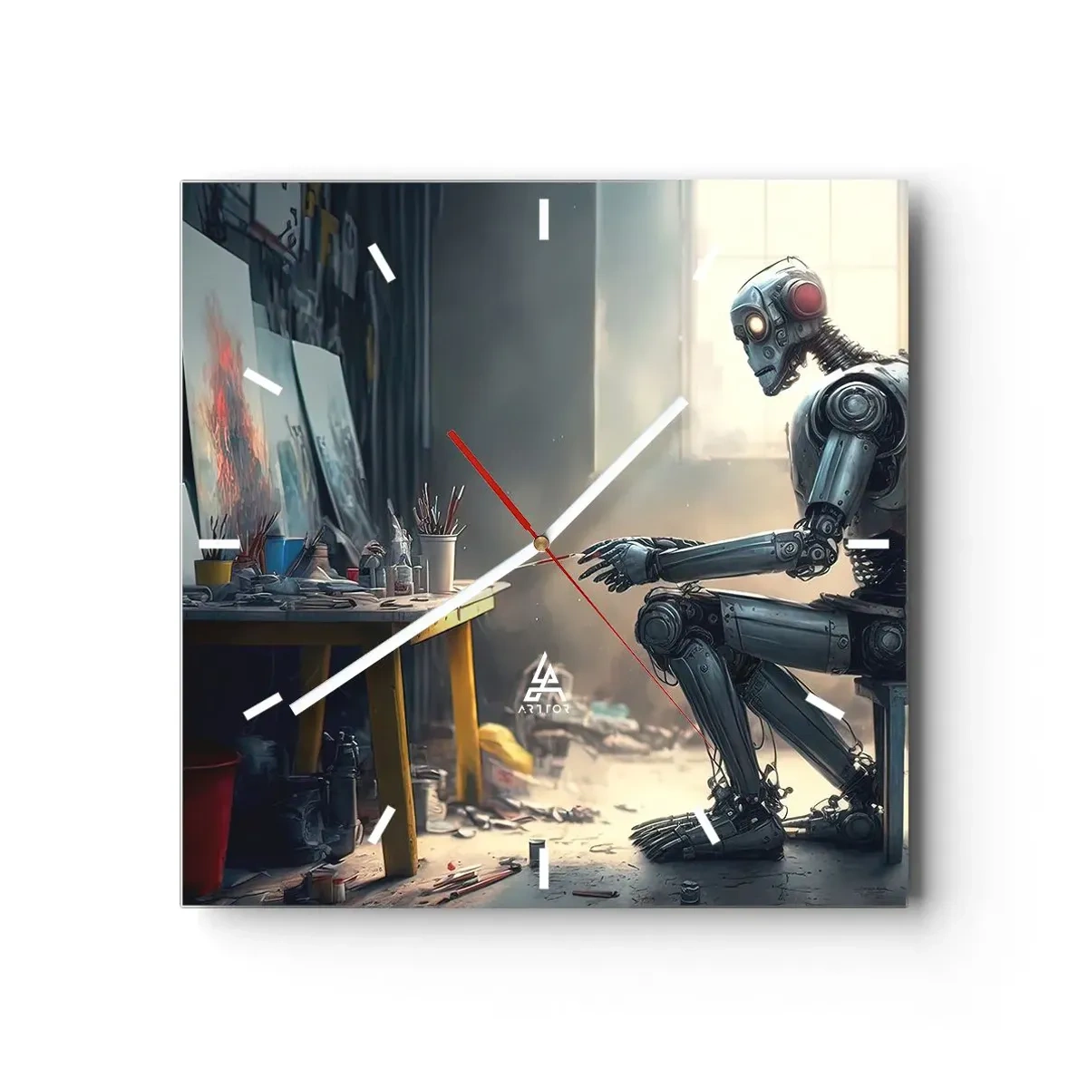 Reloj de pared - Reloj de vidrio - Un robot pintando un cuadro en un estudio de arte. - 30x30cm - El acto de creación - Decoración de pared moderna para salón y dormitorio ARTTOR