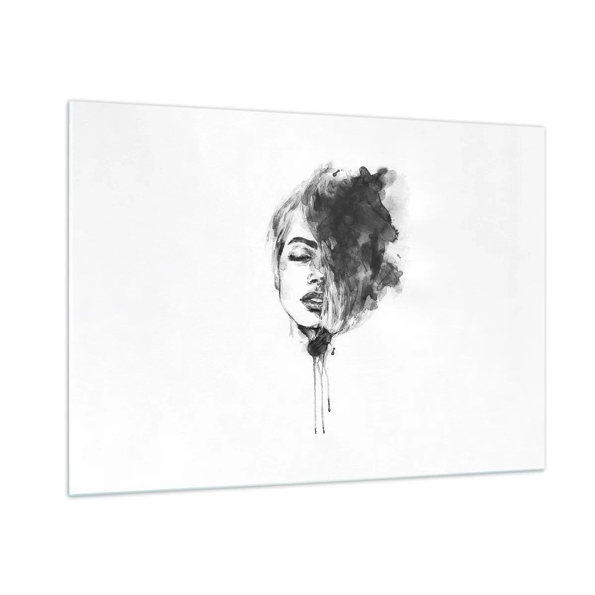 Cuadro sobre vidrio - Impresiones sobre Vidrio - Retrato en blanco y negro de una mujer con una sombra abstracta. - 100x70cm - Sueños en femenino - Decoración de pared moderna para salón y dormitorio ARTTOR