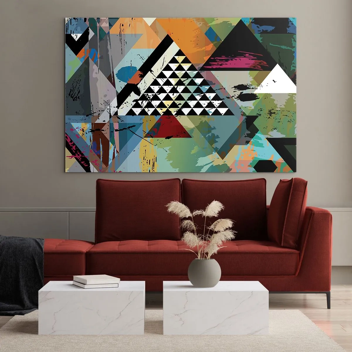 Cuadro sobre vidrio - Impresiones sobre Vidrio - Composición abstracta de formas geométricas y colores. - 70x50cm - Qué sencillo es - Decoración de pared moderna para salón y dormitorio ARTTOR