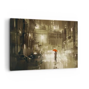 Cuadro sobre lienzo - Impresión de Imagen - Una figura con un paraguas rojo en una ciudad lluviosa. - 100x70cm - Soledad en la urbe - Decoración de pared moderna para salón y dormitorio ARTTOR