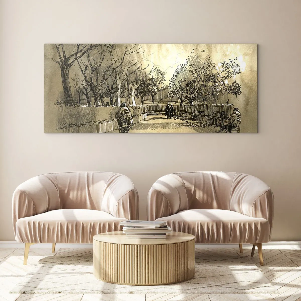 Cuadro sobre vidrio - Impresiones sobre Vidrio - Una escena de dibujos animados de un parque con gente caminando en tonos cálidos. - 160x50cm - Un momento hecho a pluma - Decoración de pared moderna para salón y dormitorio ARTTOR