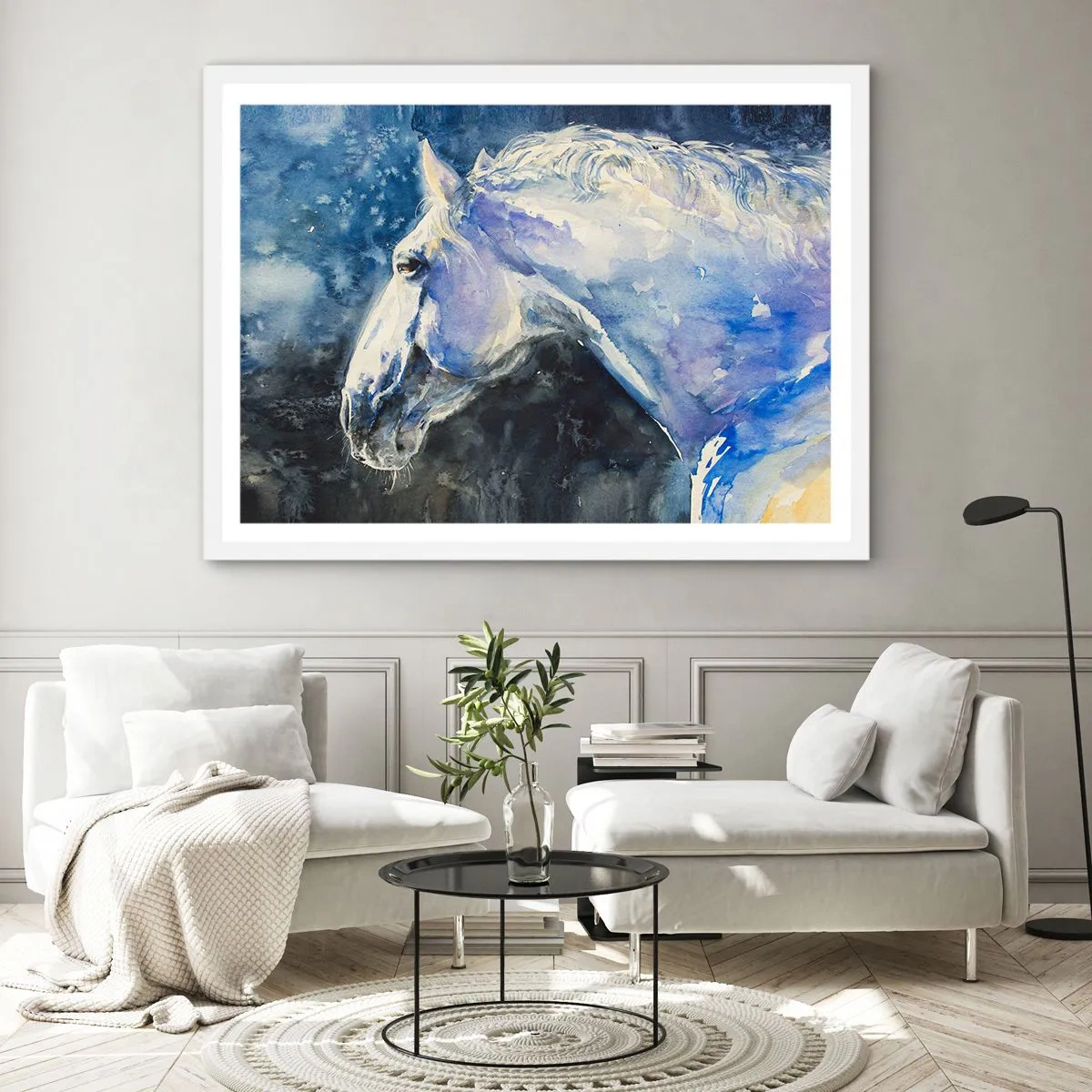 Póster en marco blanco - Retrato en un resplandor azul - 91x61 cm