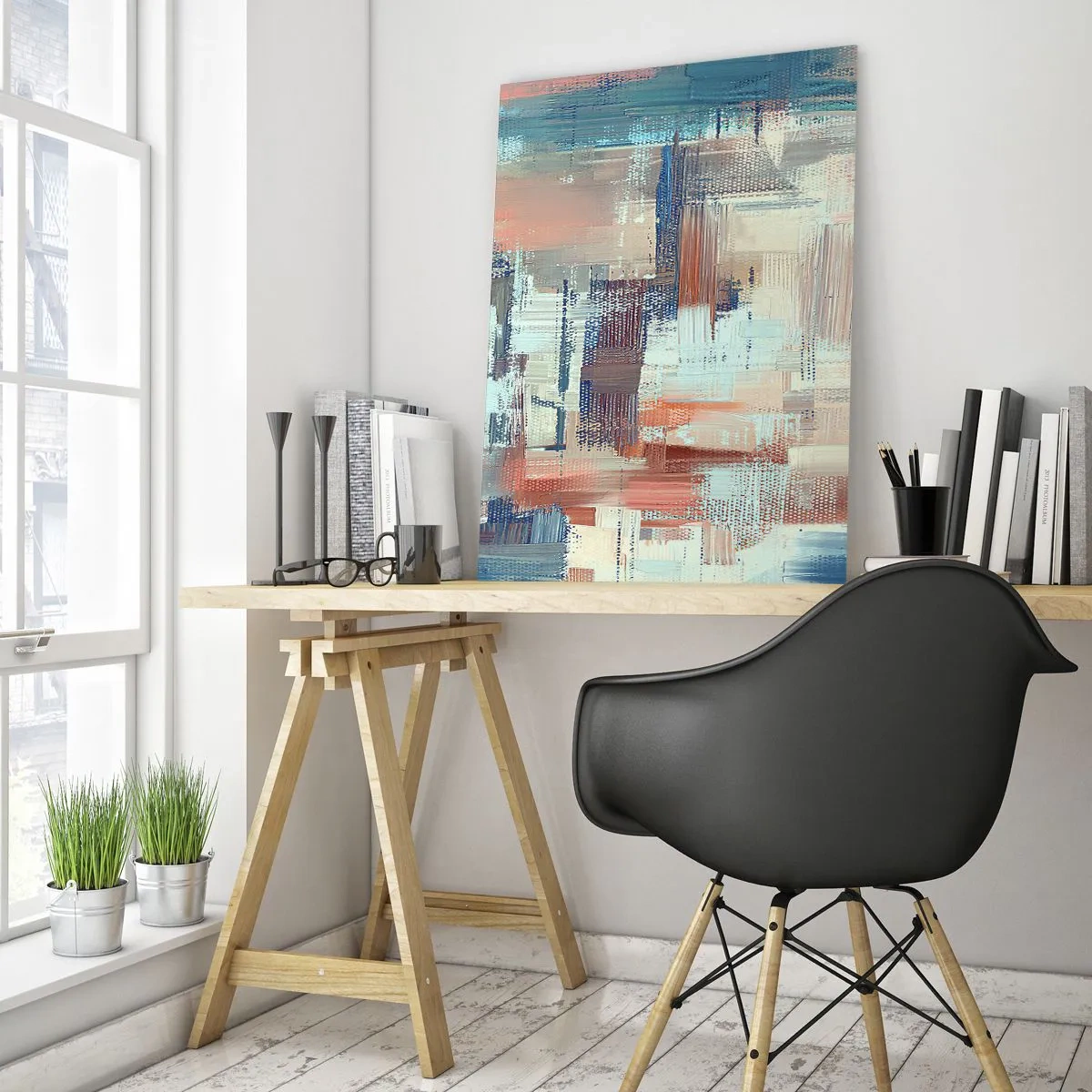 Cuadro sobre vidrio - Impresiones sobre Vidrio - Composición abstracta en tonos azules y beige. - 70x100cm - Alcanzando la luz - Decoración de pared moderna para salón y dormitorio ARTTOR