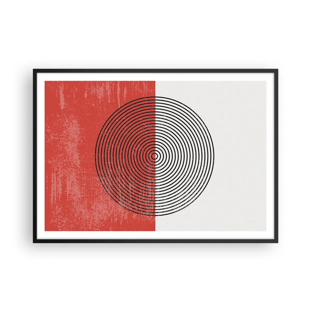 Póster en marco negro - Patrón geométrico con círculos concéntricos sobre un fondo rojo y blanco. - 100x70cm - En el corazón de la misma - Decoración de pared moderna para salón y dormitorio ARTTOR