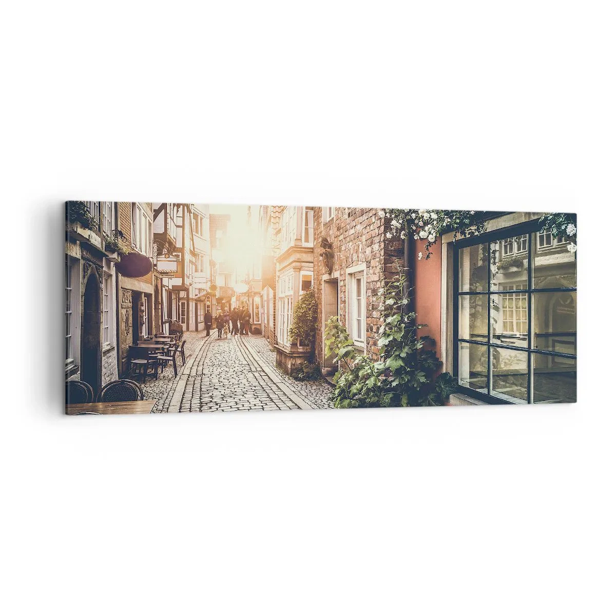 Cuadro sobre lienzo - Impresión de Imagen - Una encantadora calle con pavimento de piedra y flores. - 140x50cm - El callejón de las rosas - Decoración de pared moderna para salón y dormitorio ARTTOR