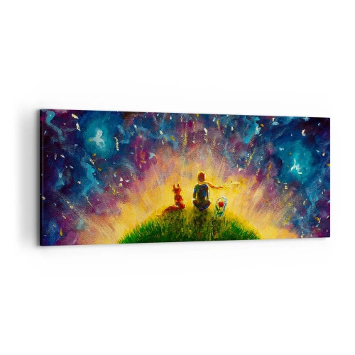 Cuadro sobre lienzo - Impresión de Imagen - Figuras en una colina verde rodeada de un cielo estrellado. - 120x50cm - Amor y amistad - lo único entero - Decoración de pared moderna para salón y dormitorio ARTTOR