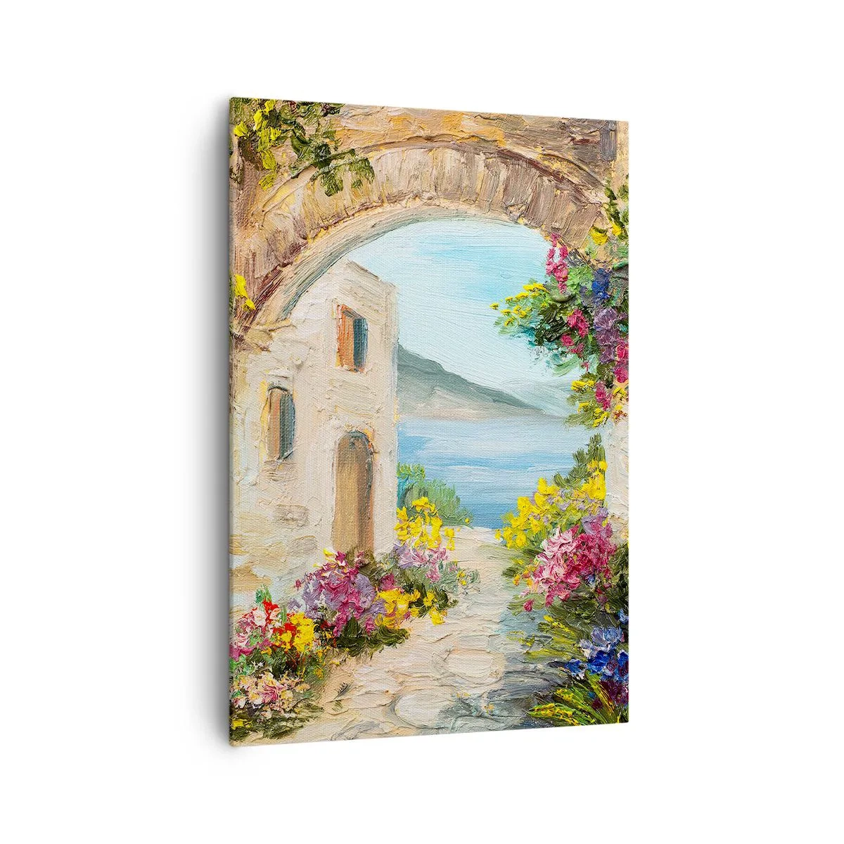 Cuadro sobre lienzo - Impresión de Imagen - Paisaje costero con edificios de piedra y flores. - 70x100cm - El encanto del paisaje costero - Decoración de pared moderna para salón y dormitorio ARTTOR