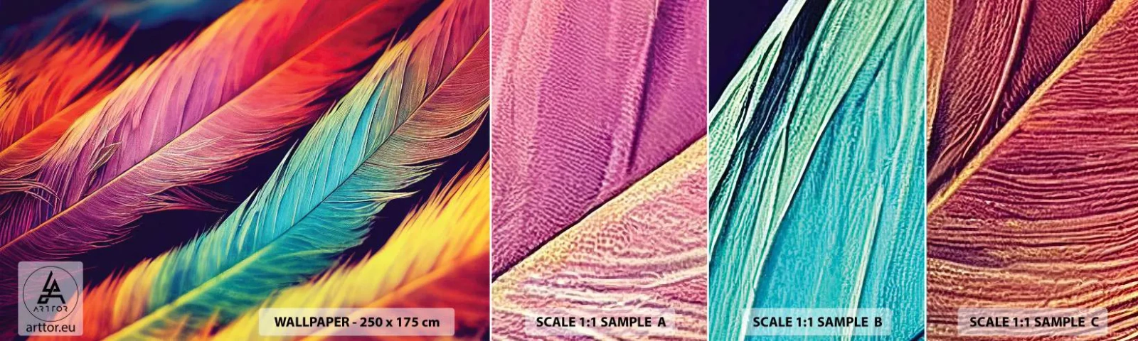 Muestra de fotomural autoadhesivo Deluxe Sticker - Arco iris plumoso - Plumas, Luz, Vistoso - 100x30 cm