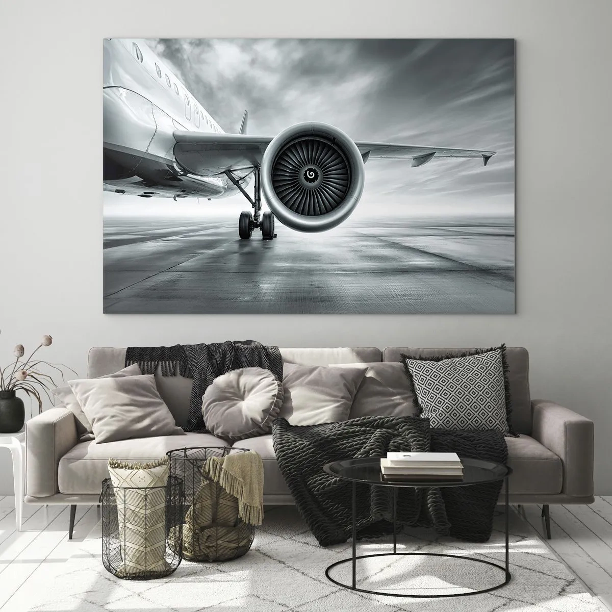 Cuadro sobre vidrio - Impresiones sobre Vidrio - La turbina de un avión de pasajeros en la pista al amanecer - 70x50cm - Hay poder - Decoración de pared moderna para salón y dormitorio ARTTOR