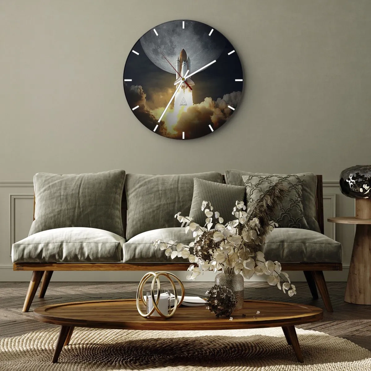 Reloj de pared - Reloj de vidrio - Un cohete despegando con la luna como telón de fondo en el cielo nocturno. - 30x30cm - El comienzo de una aventura sobrenatural - Decoración de pared moderna para salón, cocina y dormitorio ARTTOR