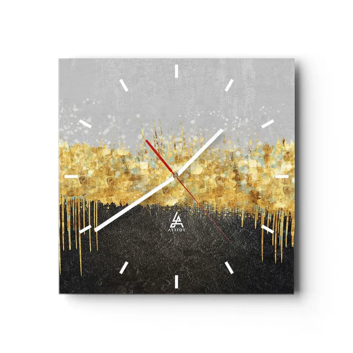 Reloj de pared - Reloj de vidrio - Composición abstracta en tonos dorados y negros. - 30x30cm - Hacia arriba y hacia abajo - Decoración de pared moderna para salón y dormitorio ARTTOR