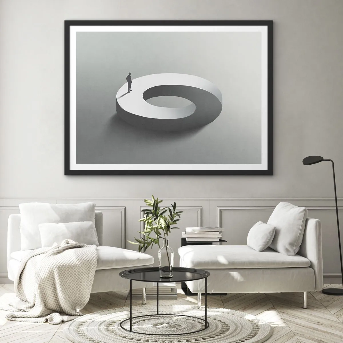 Póster en marco negro - Un hombre sobre una estructura gris y abstracta. - 70x50cm - Ser sabio no es una labor sencilla - Decoración de pared moderna para salón y dormitorio ARTTOR