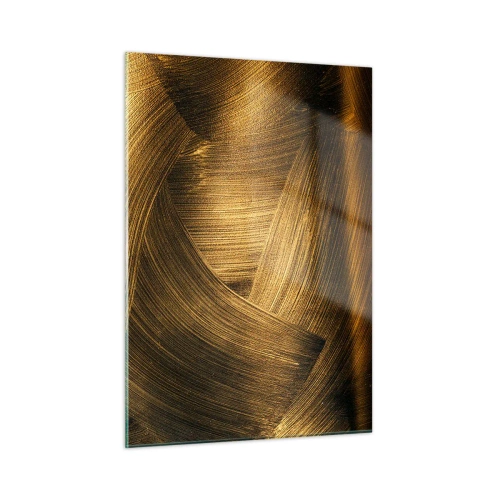 Cuadro sobre vidrio - Impresiones sobre Vidrio - Una pintura abstracta que representa líneas geométricas doradas sobre un fondo. - 50x70cm - En un laberinto de oro - Decoración de pared moderna para salón y dormitorio ARTTOR