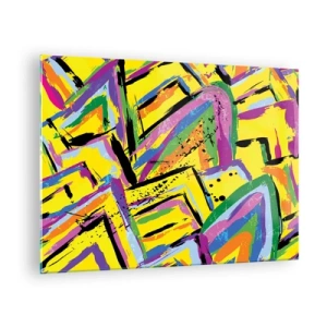 Cuadro sobre vidrio - Impresiones sobre Vidrio - Abstracción intensa en colores brillantes sobre un fondo amarillo. - 70x50cm - Grita de alegría - Decoración de pared moderna para salón y dormitorio ARTTOR