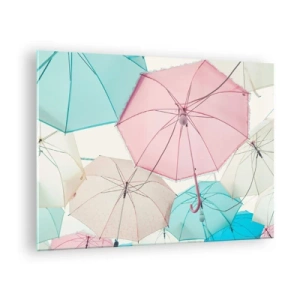 Cuadro sobre vidrio - Impresiones sobre Vidrio - Paraguas de colores flotando en el aire - 70x50cm - A veces el sol, a veces la lluvia - Decoración de pared moderna para salón y dormitorio ARTTOR